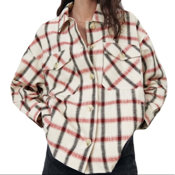 NEW Zara Cream Red Black Plaid Overshirt Shacket Jacket NWT - Picture 4 of 14